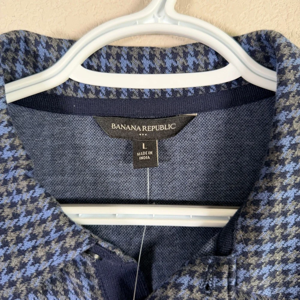 Banana Republic Polo Shirt Mens L Blue Houndstooth Short Sleeve Knit Soft Cotton